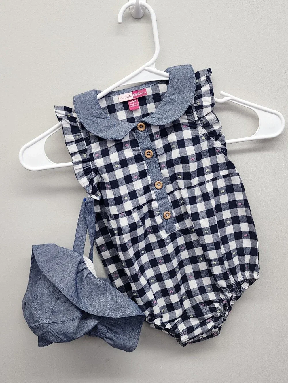 Penelope Mack 24M Gingham Bubble Romper + Matching Sun Hat